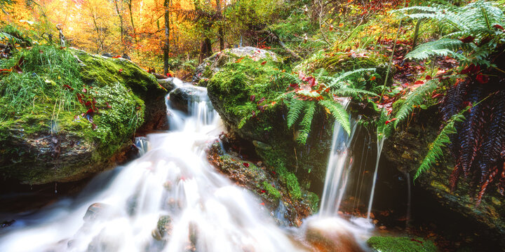 Waterfall over mossy rocks in autumn at P&auml;hler Gorge, Bavaria