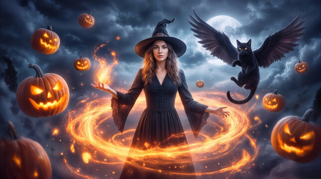 Halloween witch conjuring glowing fiery circle while winged black cat and carved jack-o'-lanterns float under full moon.