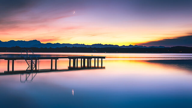 Jetty on Lake Starnberg at sunset with mountain view in Bavaria