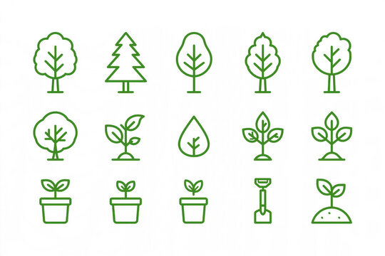 Green tree and potted plant line icons isolated on white background with clipping path, offering simple botanical collection for design