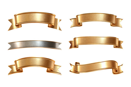 Gold ribbon banner isolated on white background with clipping path, featuring elegant curled tails and metallic sheen for decorative design