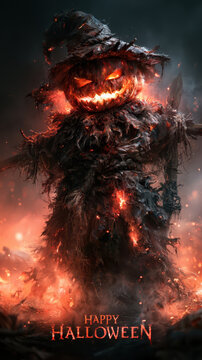 Scary Halloween scarecrow with pumpkin head, glowing face, fiery eyes and tattered costume, rising through smoke and embers as dark festive poster