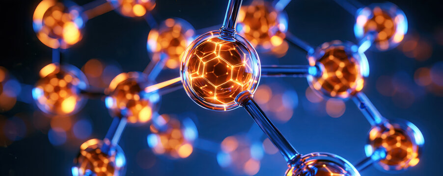 Glowing molecular model with orange atoms and blue bonds suggests scientific research, chemistry and abstract innovation in dark laboratory setting
