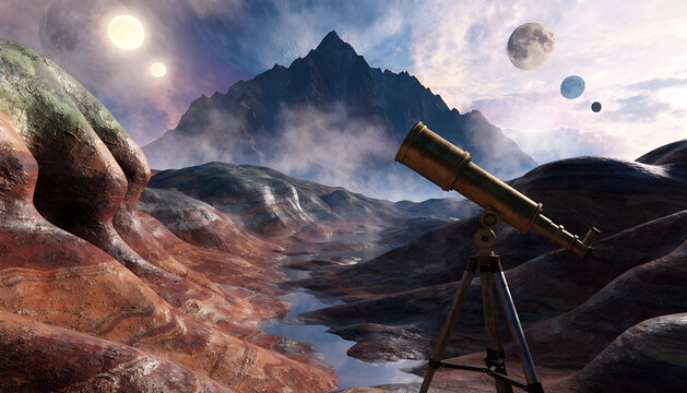Surreal alien planet landscape with brass telescope under binary suns and multiple moons
