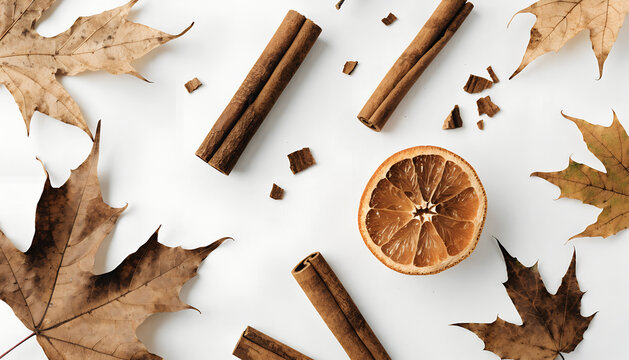 Autumn flat lay with dried orange, cinnamon, and maple leaves on white background

