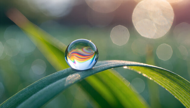 Macro of rainbow swirl inside dewdrop on grass blade with soft morning sun bokeh
