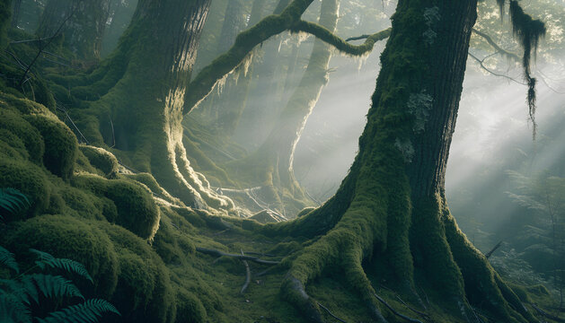 Mysterious misty forest with lush green moss-covered ground and ancient trees in ethereal light
