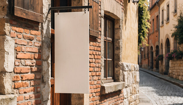 Blank vertical hanging signboard mockup on a rustic red brick wall in a charming old European street
