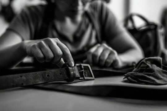 A woman meticulously fastens an aged leather belt, with an emphasis on tactile details and craftsmanship in a soft-focus setting, conveying dedication to leatherwork.