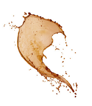 Dynamic splash of coffee or tea with flying droplets isolated on transparent background