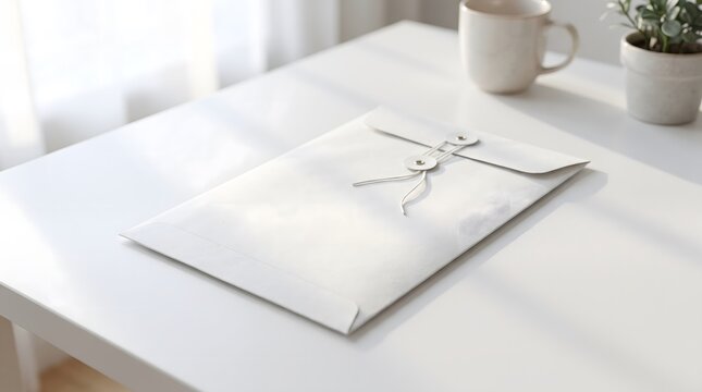 White string tie envelope resting on a clean desk with coffee mug nearby