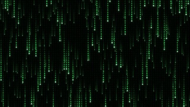 Green binary code digital rain falling on black background, seamless loop hacker technology data