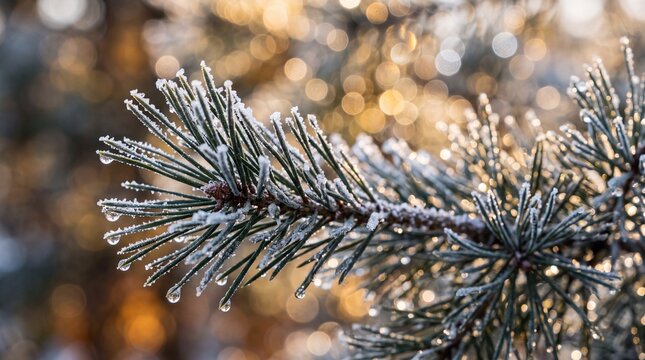 Frosted Pine Needles with Melting Ice Droplets in Sunlight