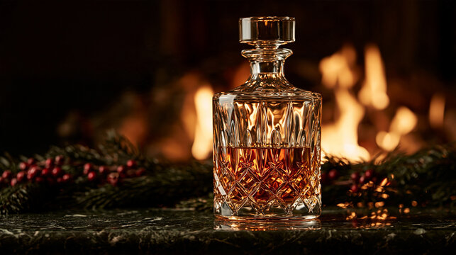 Whiskey Crystal Decanter by Fireplace with Winter Greenery