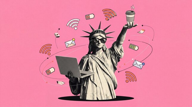 Statue of Liberty with Laptop and Coffee Remote Work Concept