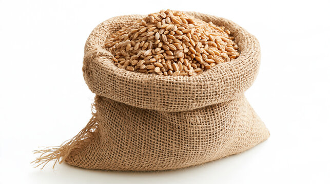 a burlap sack filled with wheat grains. The sack is intricately woven with a coarse texture, and the grains are a rich, goldenbrown color. The grains are densely packed.