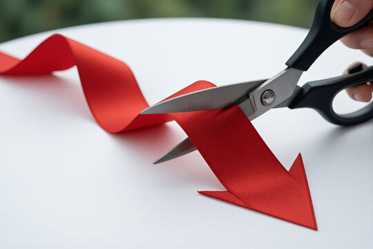 Scissors Cutting a Red Ribbon Shaped Like a Downward Arrow on a White Table, Cost Cutting and Decline Concept