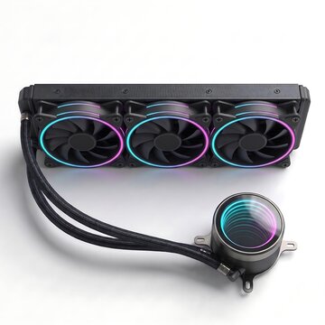 3D studio render of 360mm AIO liquid CPU cooler with infinite mirror pump block top view isolated on white background