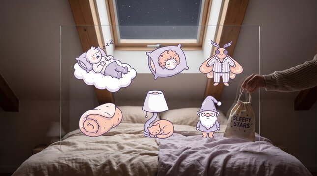 Hands interacting with icons of a sleeping baby, pillow, moth, blanket, cat and gnome, sleepy nursery bedtime routine on a quiet New Year's Eve