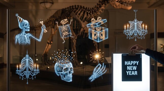 Hand holding a happy new year sign with skeleton icons, party hat skeleton, skeletal chandelier and confetti skull, quirky museum party for New Year's Eve