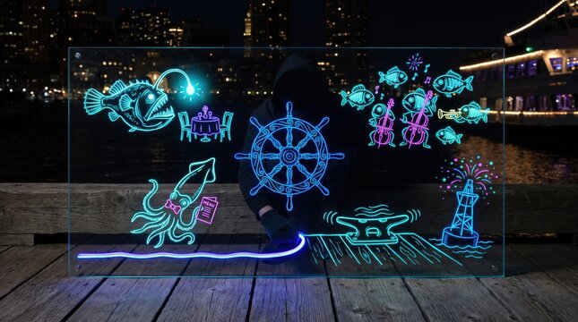 Hand drawing neon sea icons of a ship wheel, lighthouse, singing fish and deep sea anglerfish, nautical harbor waterfront party for New Year's Eve