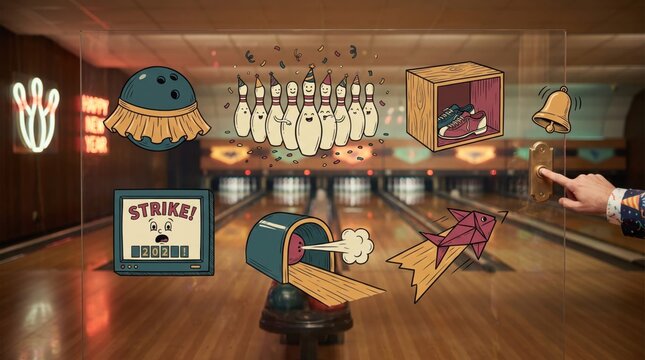 Hand pressing a doorbell with overlays of a bowling ball, pins, shoe box, bell, strike score screen and ball return, bowling night fun for New Year's Eve