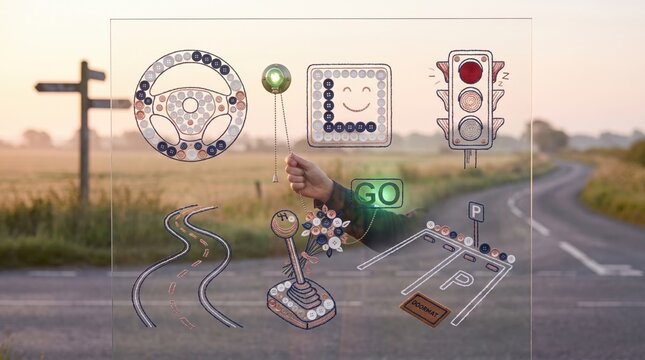 Hand interacting with overlays of a steering wheel, signal light, traffic light, road, gear shift and parking sign, safe driving and transport logistics on New Year's Eve