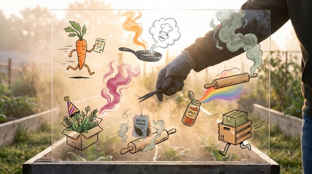 Hand snipping a recipe charm with icons of a running carrot, frying pan and rolling pin, farm to table cooking for a New Year's Eve dinner