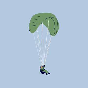 Skydiver flying with parachute. Tiny small cute character. Hand drawn trendy Vector illustration. Isolated design element. Paragliding, skydiving, parachute jump, extreme sport, activities concept