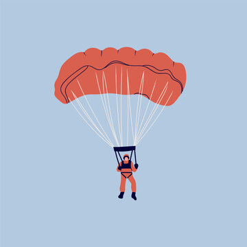 Skydiver flying with parachute. Tiny small cute character. Hand drawn trendy Vector illustration. Isolated design element. Paragliding, skydiving, parachute jump, extreme sport, activities concept