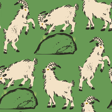 Goats set. Goat mascot collection. Cute characters, adorable farm animals in different poses. Hand drawn Vector illustration. Happy Chinese new year 2027, animal zodiac. Square seamless Pattern