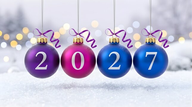 Celebration of the New Year 2027 with four colorful Christmas baubles in purple, pink, and blue hanging over white snow against a blurry winter background with festive golden bokeh lights.
