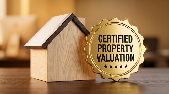 Certified property valuation concept featuring a small wooden house model and a golden quality seal badge on a desk, representing real estate appraisal, home assessment, and mortgage services.