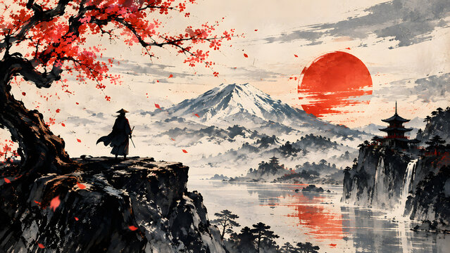 Modern Japanese Ink Painting of a Silhouette Person in Nature, Traditional Gazebo Overlooking a Serene Lake and Misty Mountains, Zen Landscape Art, Asian Minimalist Illustration