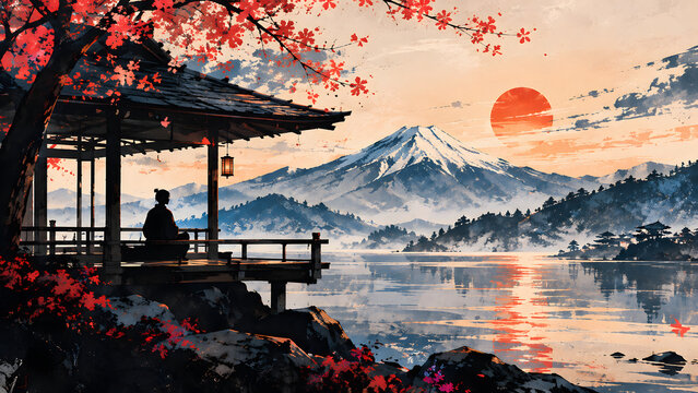 Modern Japanese Ink Painting of a Silhouette Person in Nature, Traditional Gazebo Overlooking a Serene Lake and Misty Mountains, Zen Landscape Art, Asian Minimalist Illustration