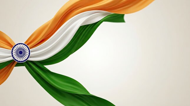 Abstract indian republic day tricolor background featuring flowing saffron white and green fabric with ashoka chakra emblem