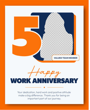 5 Years Happy Work Anniversary Template with Orange and Navy Typography, Employee Photo Placeholder and Appreciation Message, Concept of Career Milestone, Loyalty and Recognition