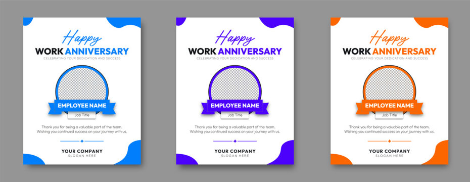 Happy Work Anniversary Employee Recognition Poster Template Set in Blue Purple and Orange with Circular Photo Frames and Ribbon Banners, Concept of Corporate Appreciation and Career Success