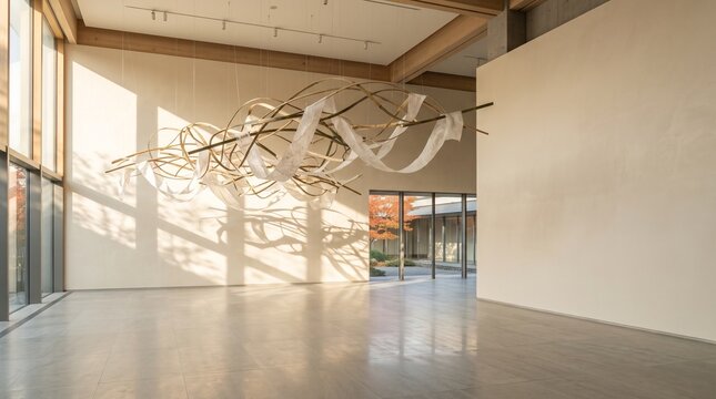 Minimalist art gallery interior featuring a large abstract suspended wooden sculpture with white fabric ribbons under natural light