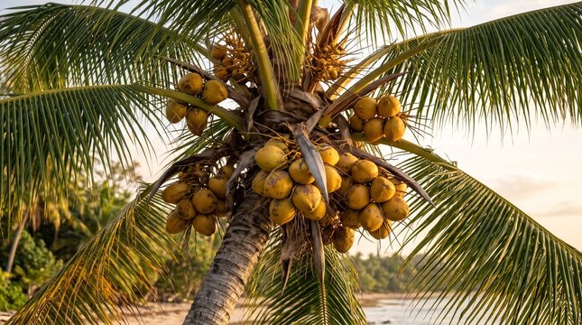 Close-up view of a healthy coconut tree laden with clusters of fresh yellow king coconuts and green palm fronds under tropical sunlight
