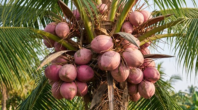 Close-up view of a vibrant tropical coconut palm tree heavily laden with rich clusters of fresh pink king coconuts