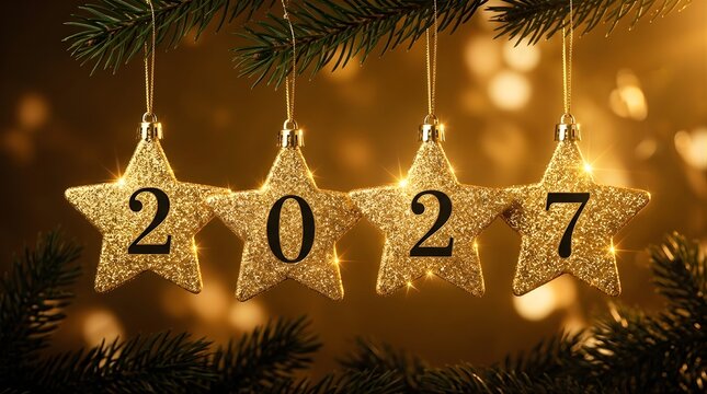 Festive Happy New Year 2027 background with four golden glittery star ornaments hanging on a pine tree branch against a warm shimmering bokeh light background, holiday celebration concept.
