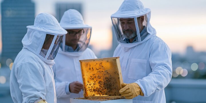 Urban Beekeepers Inspecting Honeycomb Frame