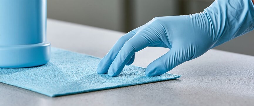 Gloved Hand Cleaning Surface With Microfiber Cloth
