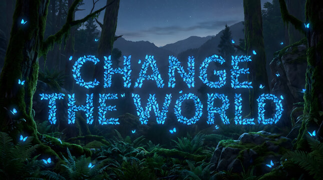 Swarm of Glowing Blue Butterflies Typography Quote