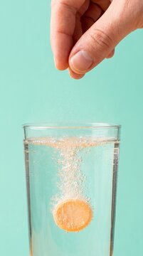 Hand dropping effervescent tablet into glass of water, creating bubbles and fizz, health and wellness concept