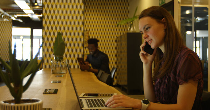 Side view of young caucasian businesswoman talking on mobile phone while working on laptop