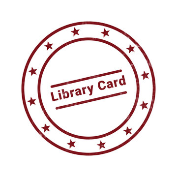 Red circular library card stamp with black text and border