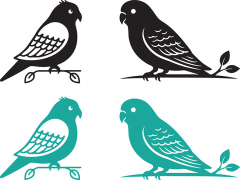 Cute small parrot bird perched on branch silhouette vector illustration set