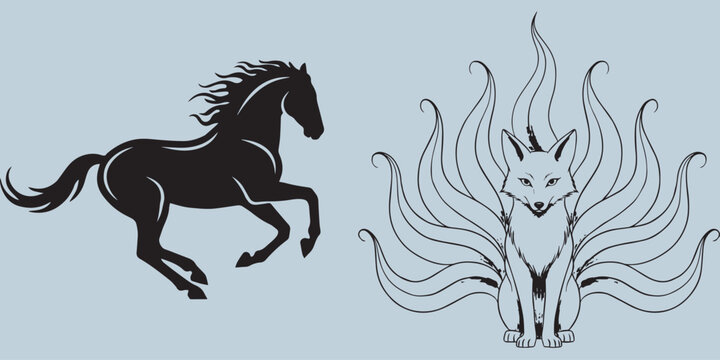 Running horse and nine-tailed fox mythical animal black silhouette vector illustration